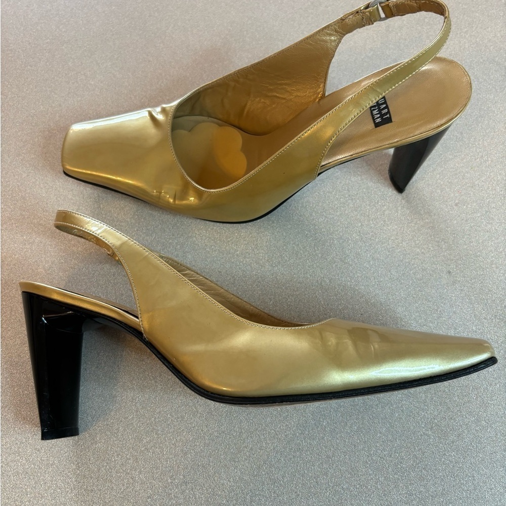Stuart Weitzman Old Money Gold Patent Square Toe Sling Back